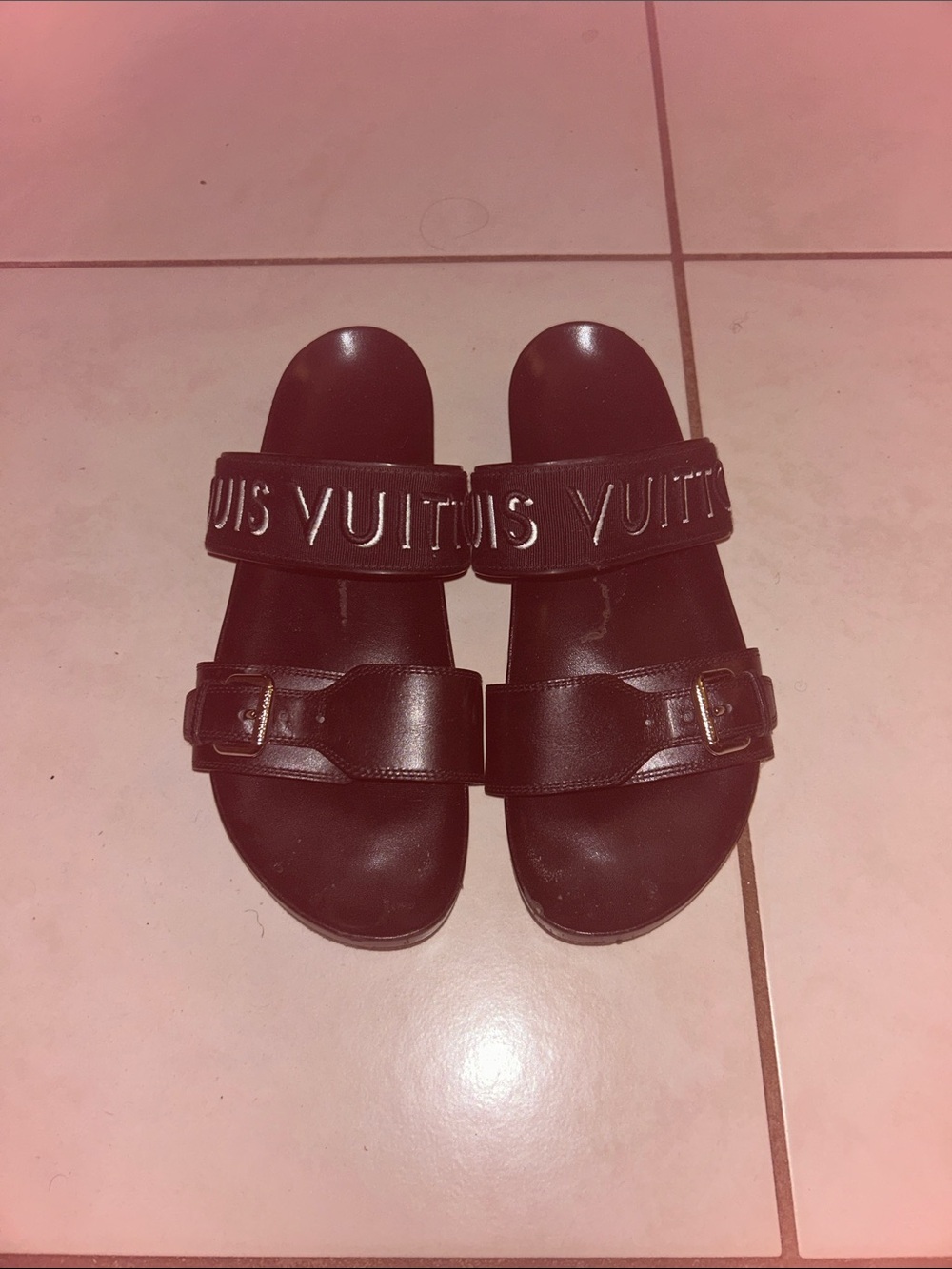 Authentic Louis Vuitton Black Double-Strap Logo Buckle Slides